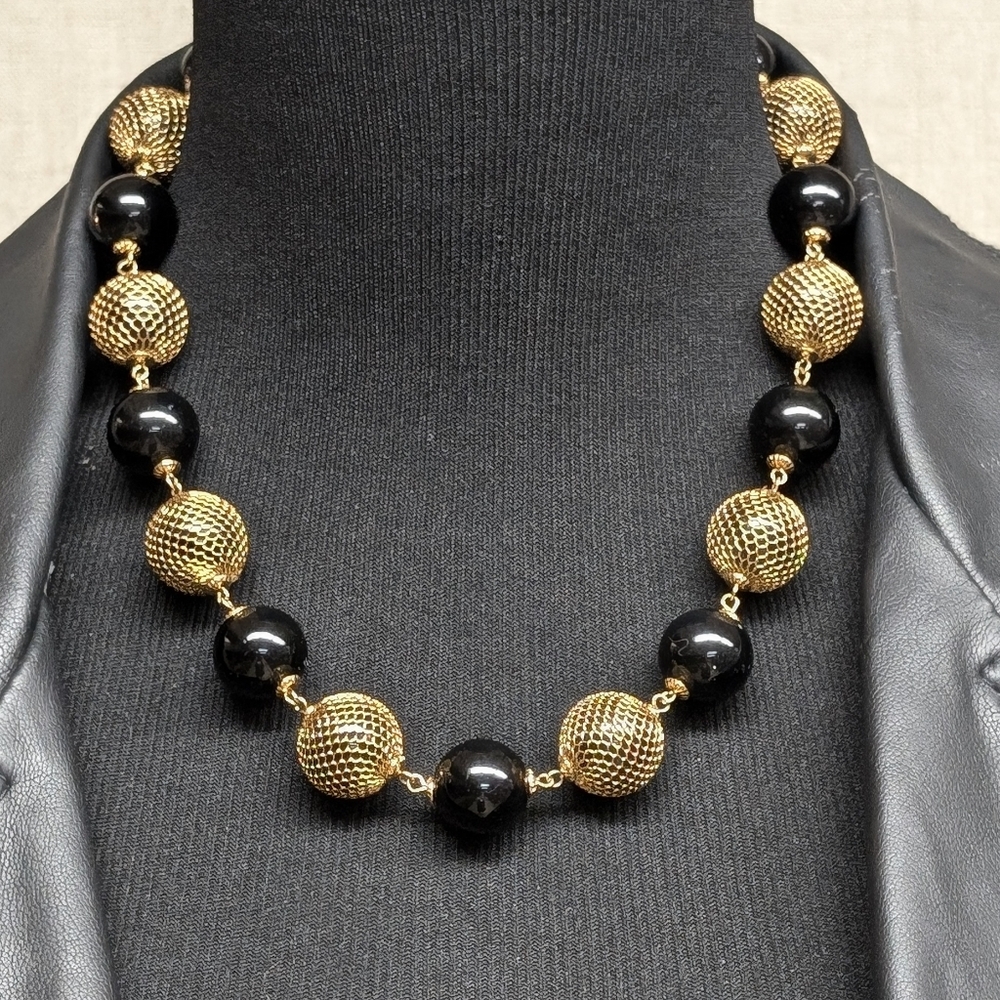 Black and Gold Tone Mesh Beaded Necklace - Picture 9 of 9